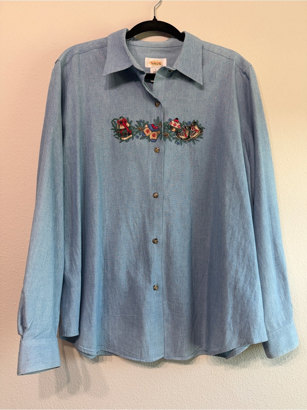 Vintage Talbots Chambray Christmas Long Sleeve Button Down Sz Large 100% Cotton